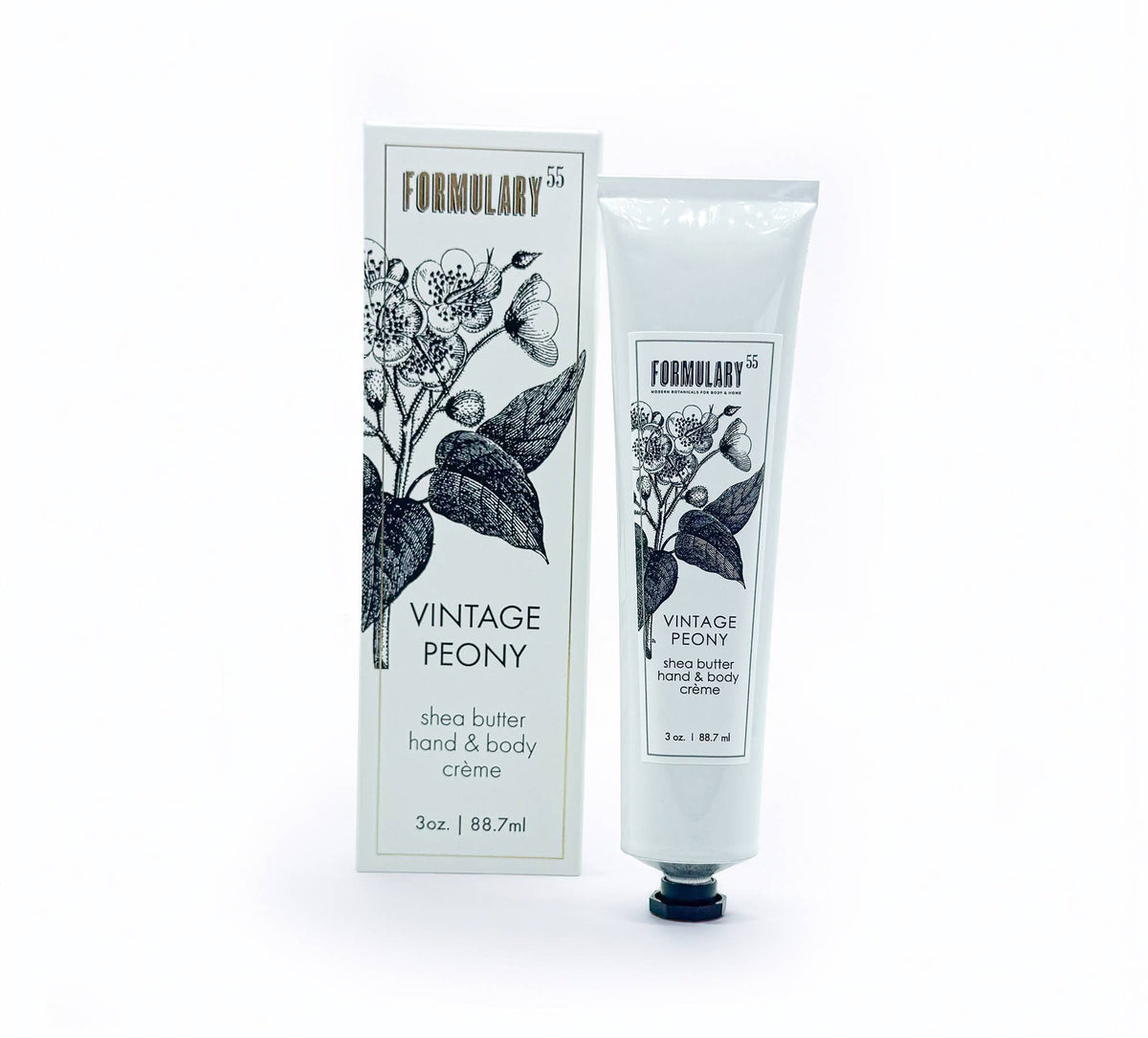 Shea butter hand and body crème with packaging labeled 'Vintage Peony' on a white background