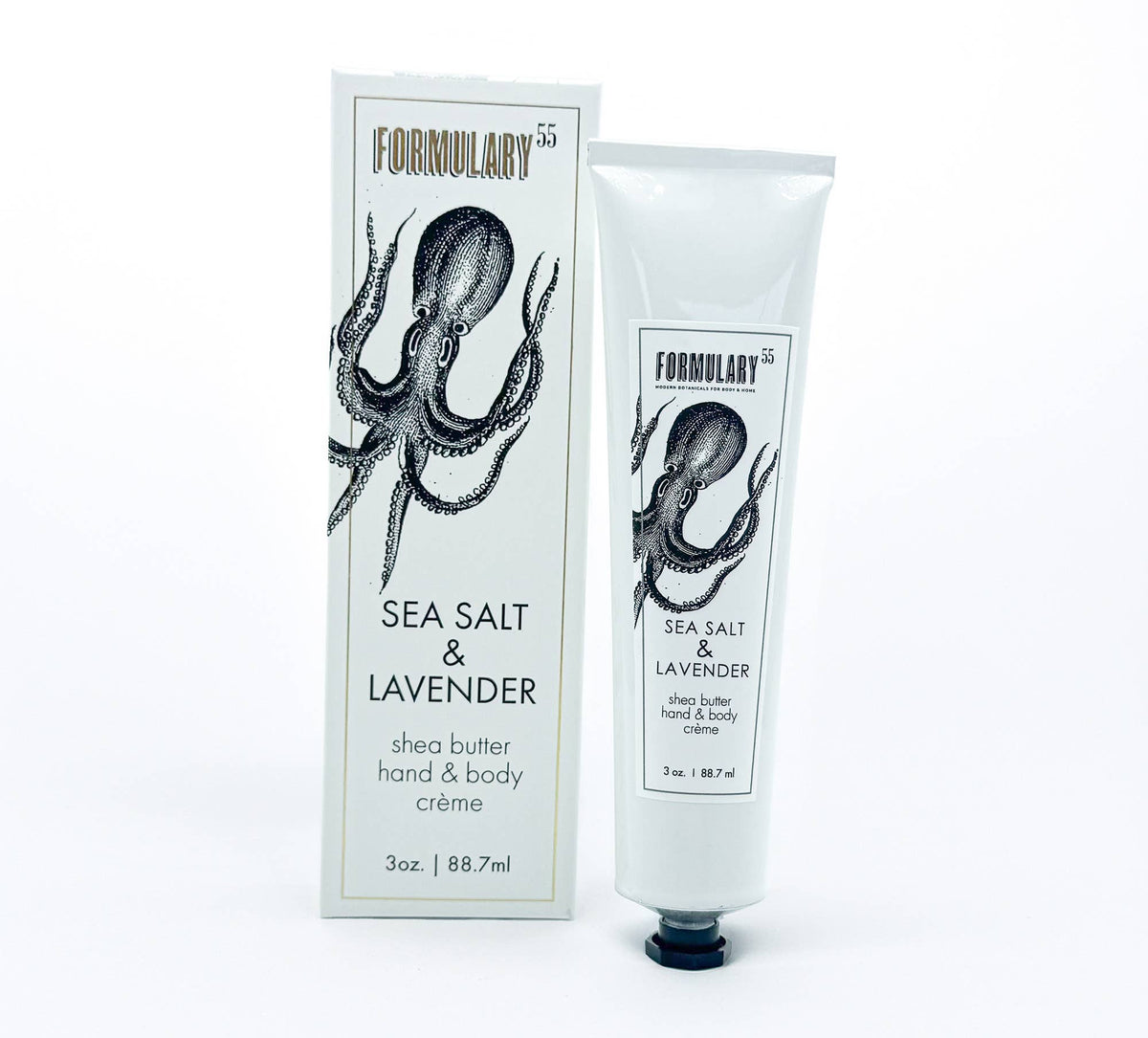 Sea Salt & Lavender shea butter hand & body crème packaging with octopus illustration on a white background