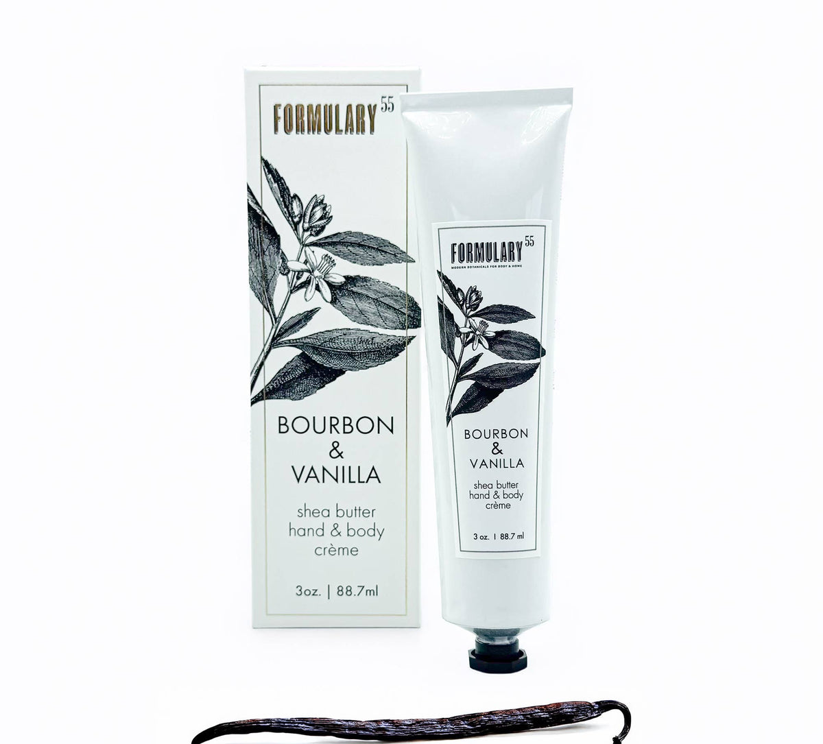 Shea butter hand and body crème with packaging labeled 'Bourbon & Vanilla' by Formulary 55 on a white background.