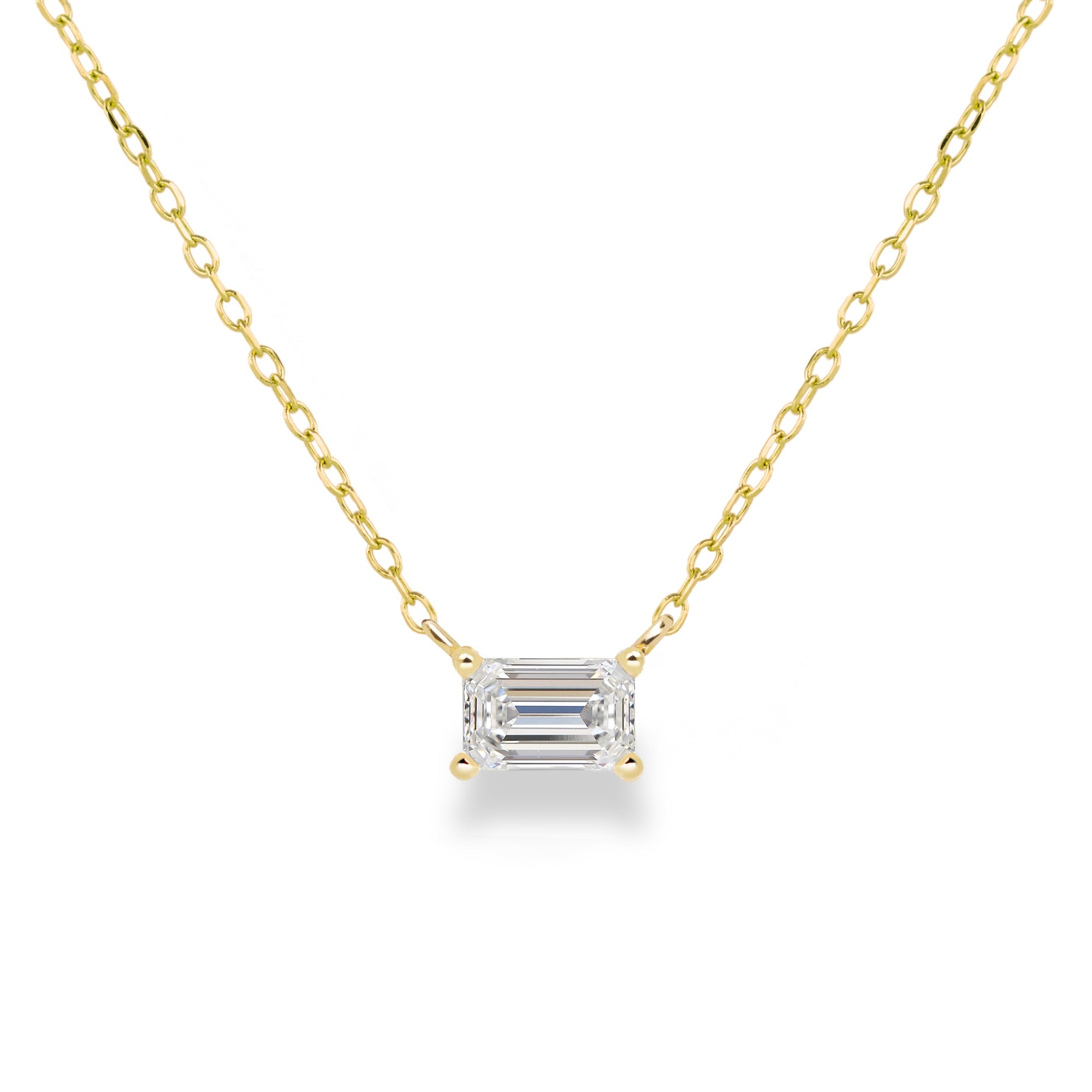 Jamie Park Jewelry Emerald Cut Diamond Solitaire Necklace This Emerald Diamond Solitaire Necklace features a sparkling lab diamond, set in a classic four prong design. With each diamond certified by IGI, this necklace makes for a timeless and cherished gift, perfect for any special occasion. Add a touch of elegance to any outfit with this beautiful piece. Chain length 16-18" 