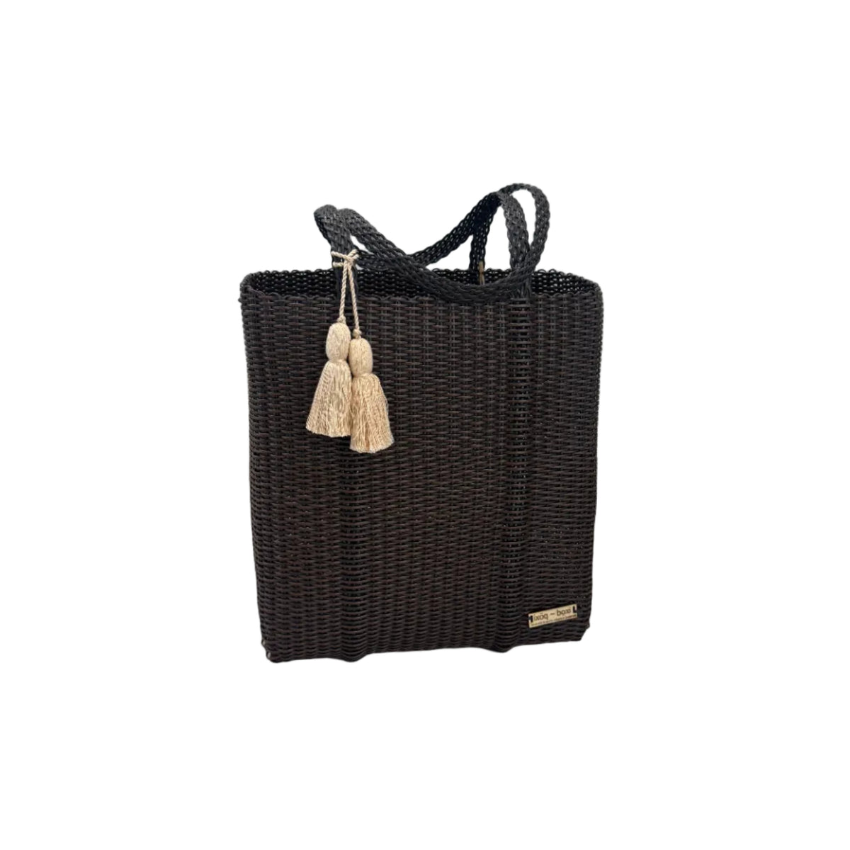 Black woven handbag with a bow detail on a light gray background