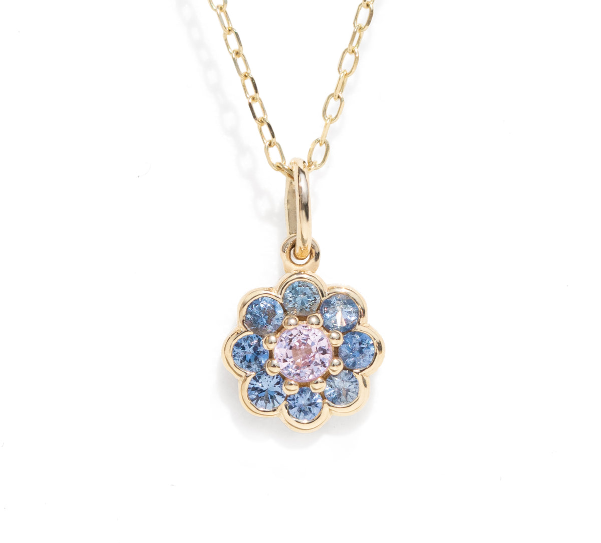 A gemstone necklace against a white background