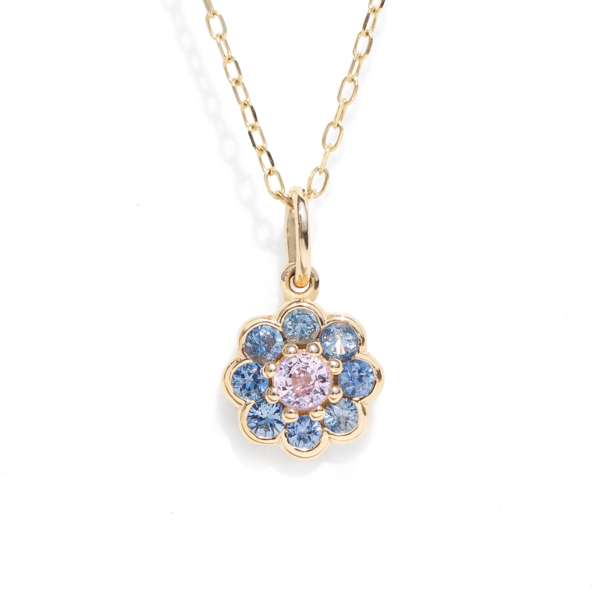 A gemstone necklace against a white background