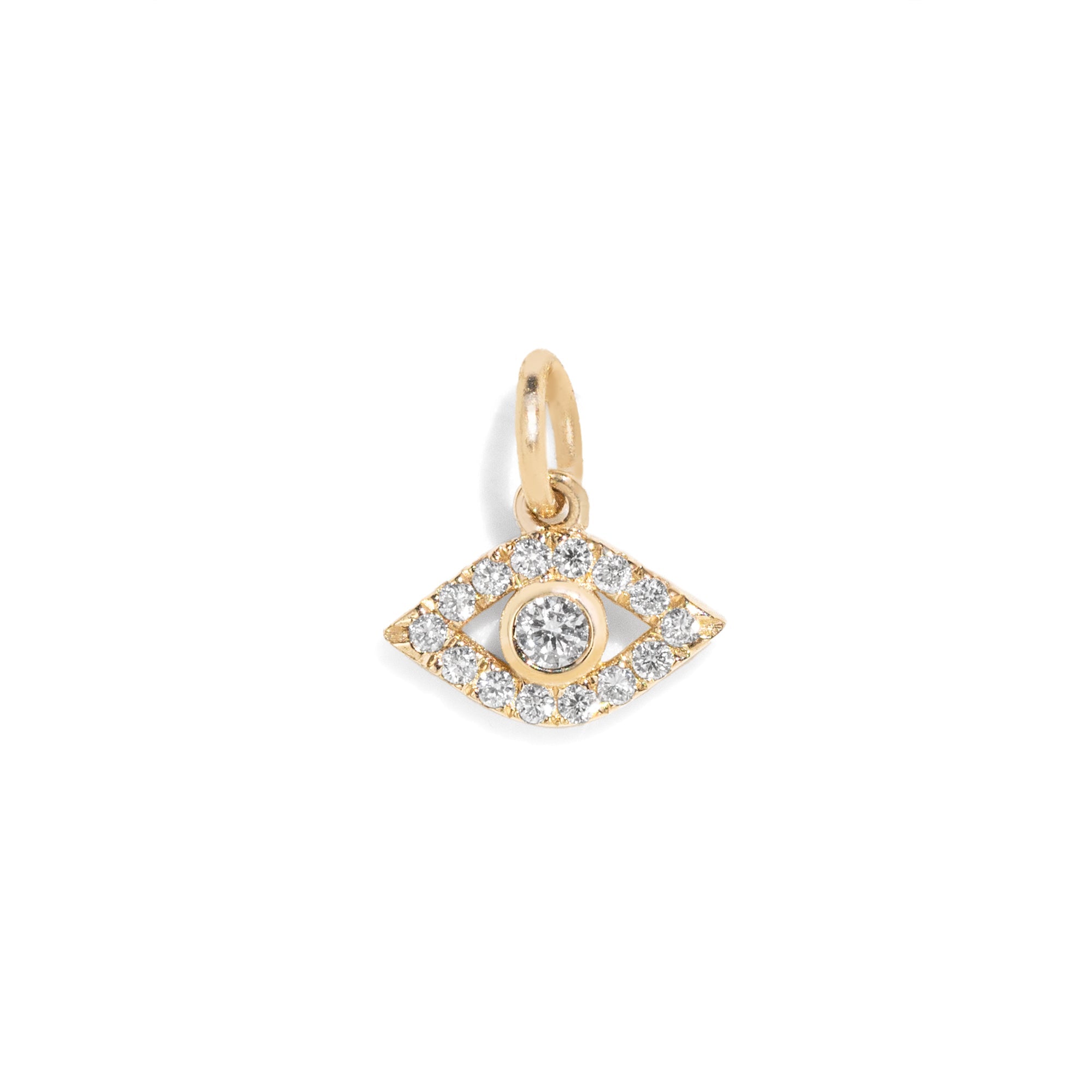 Evil Eye pendant in 14k gold with diamond accents on a white background