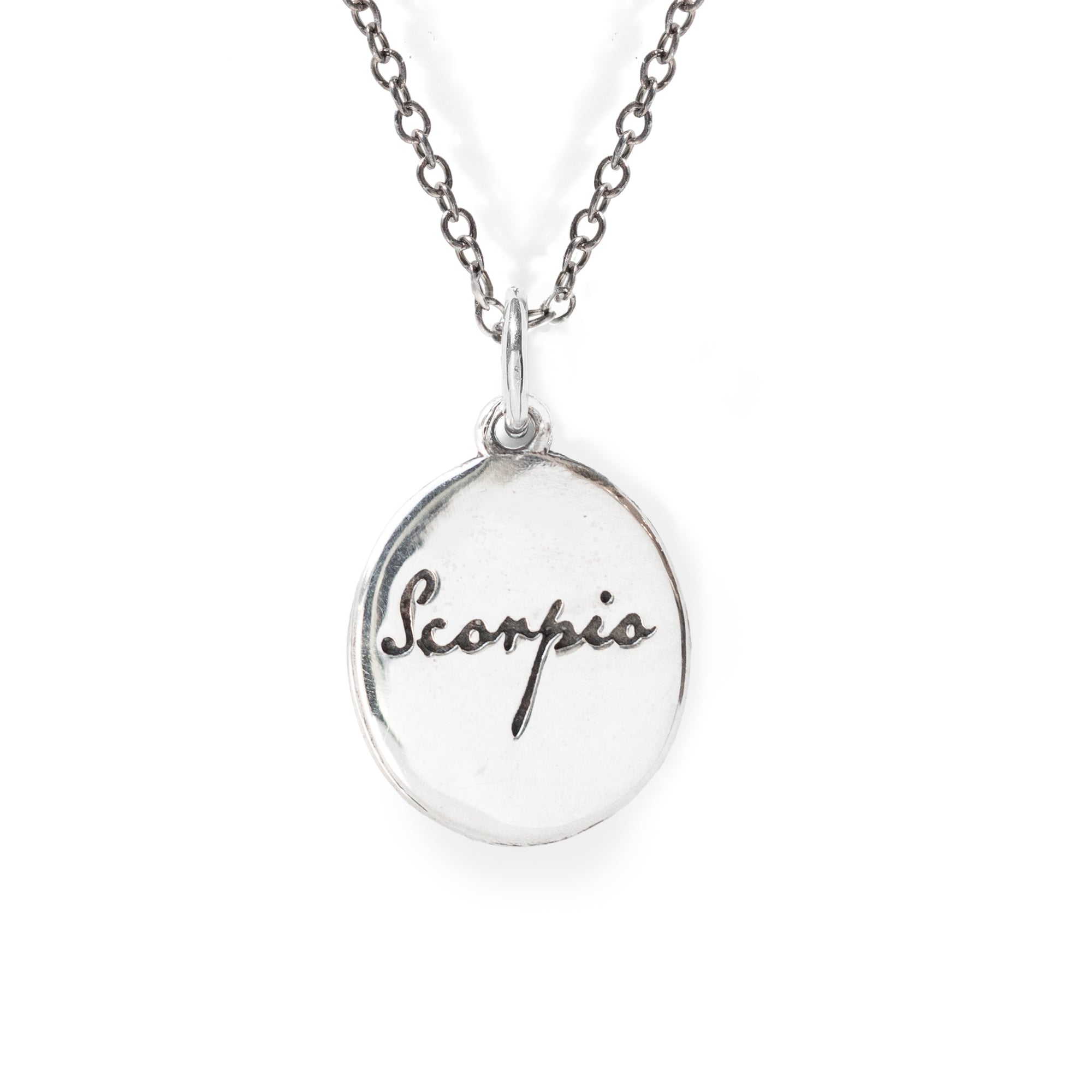 Silver necklace with 'Scorpio' pendant on a white background