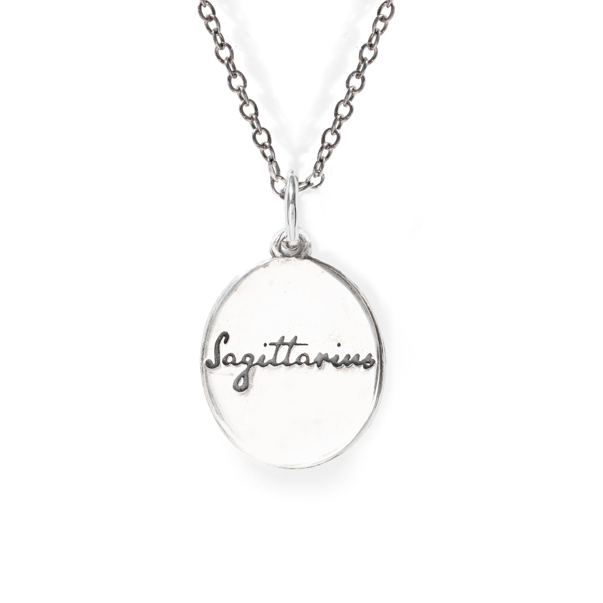 Silver necklace with 'Sagittarius' pendant on a white background