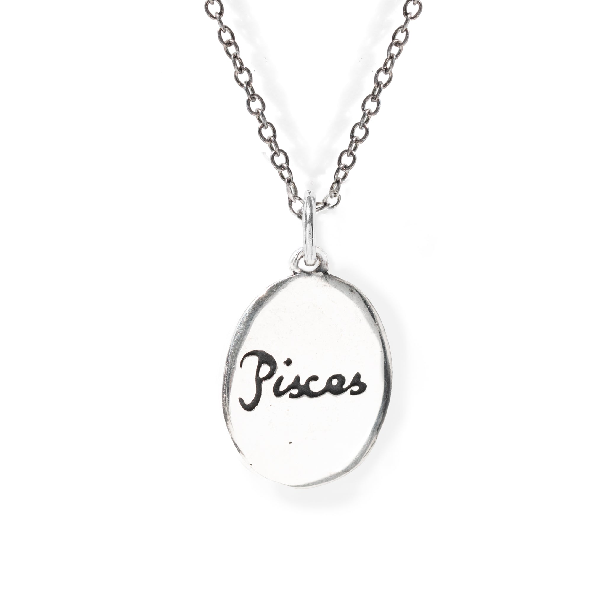 Silver necklace with 'Pisces' pendant on a white background