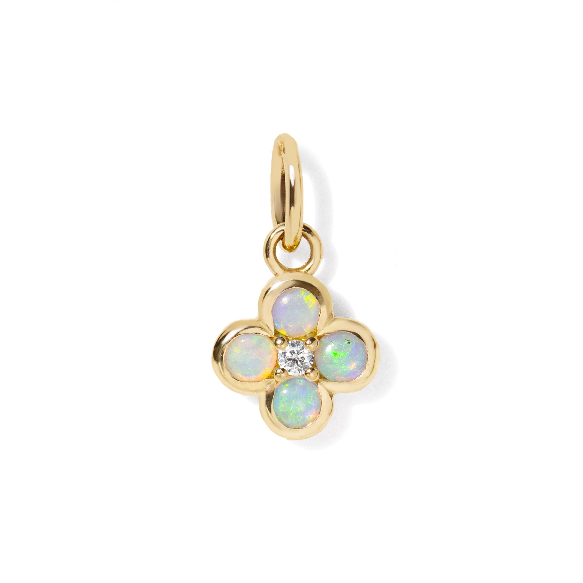 Gold necklace with a four-leaf clover opal diamond pendant on a white background