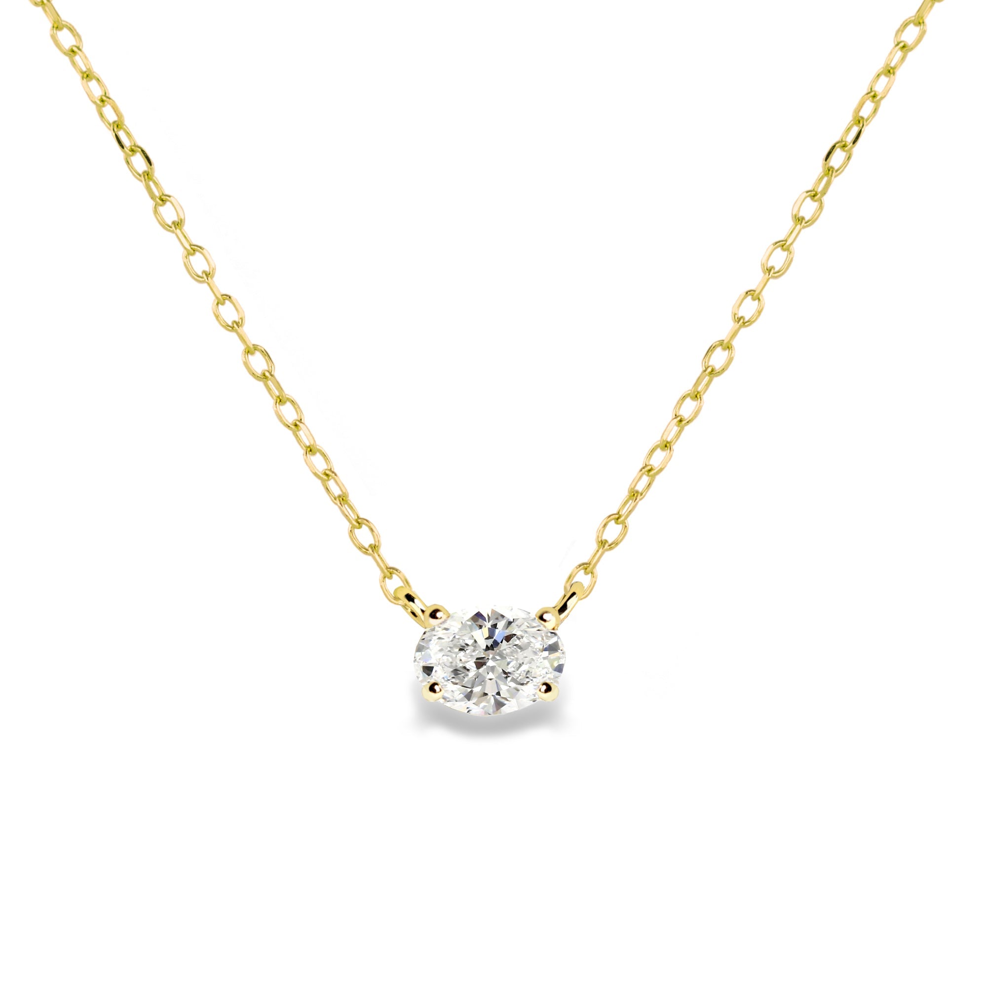 Jamie Park Oval Diamond Solitaire Necklace This Oval Diamond Solitaire Necklace features a sparkling lab diamond, set in a classic four prong design. With each diamond certified by IGI, this necklace makes for a timeless and cherished gift, perfect for any special occasion. Add a touch of elegance to any outfit with this beautiful piece. Chain length 16-18" 