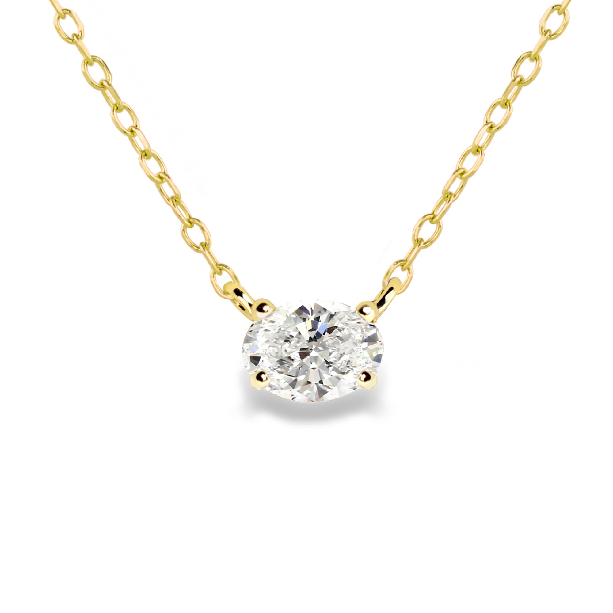Jamie Park Oval Diamond Solitaire Necklace This Oval Diamond Solitaire Necklace features a sparkling lab diamond, set in a classic four prong design. With each diamond certified by IGI, this necklace makes for a timeless and cherished gift, perfect for any special occasion. Add a touch of elegance to any outfit with this beautiful piece. Chain length 16-18" 