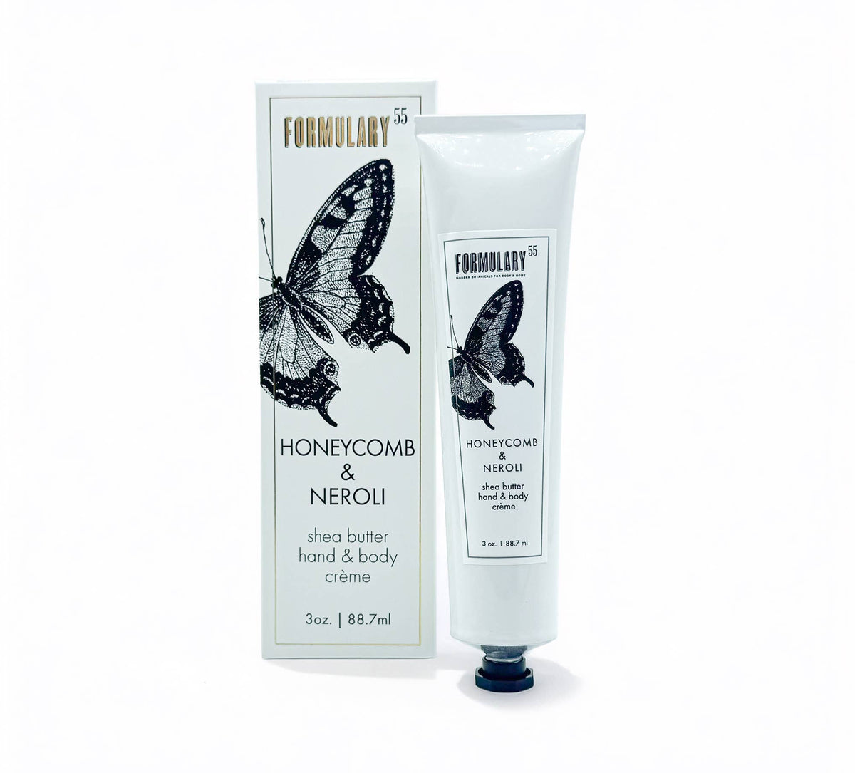 Shea butter hand and body crème with packaging featuring a butterfly design on a white background