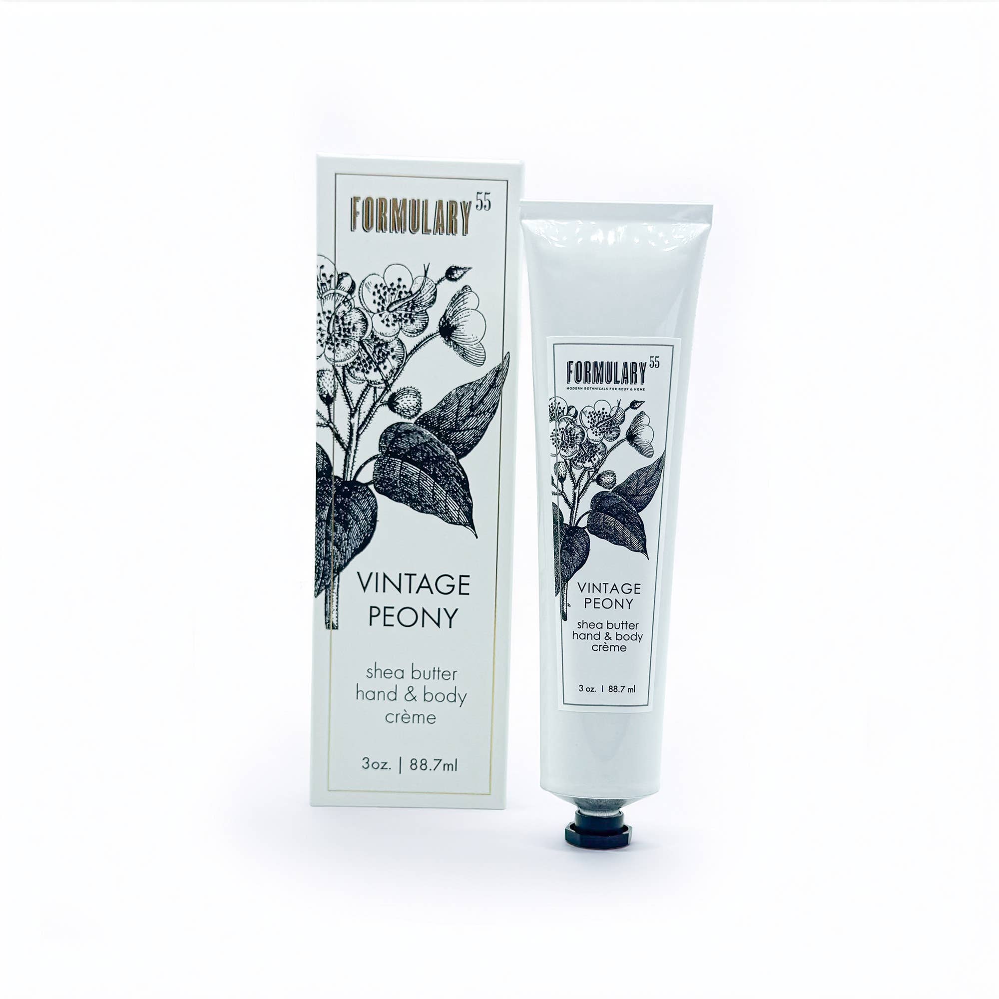 Shea butter hand and body crème with packaging labeled 'Vintage Peony' on a white background