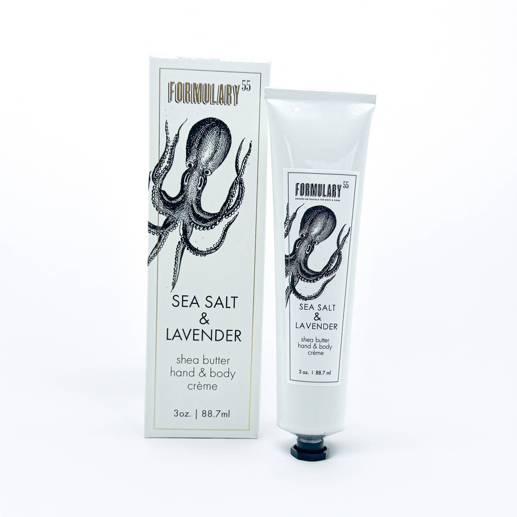 Sea Salt & Lavender shea butter hand & body crème packaging with octopus illustration on a white background