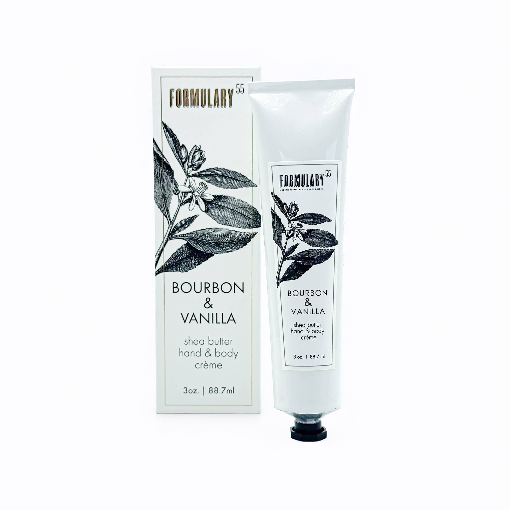 Shea butter hand and body crème with packaging labeled 'Bourbon & Vanilla' by Formulary 55 on a white background.