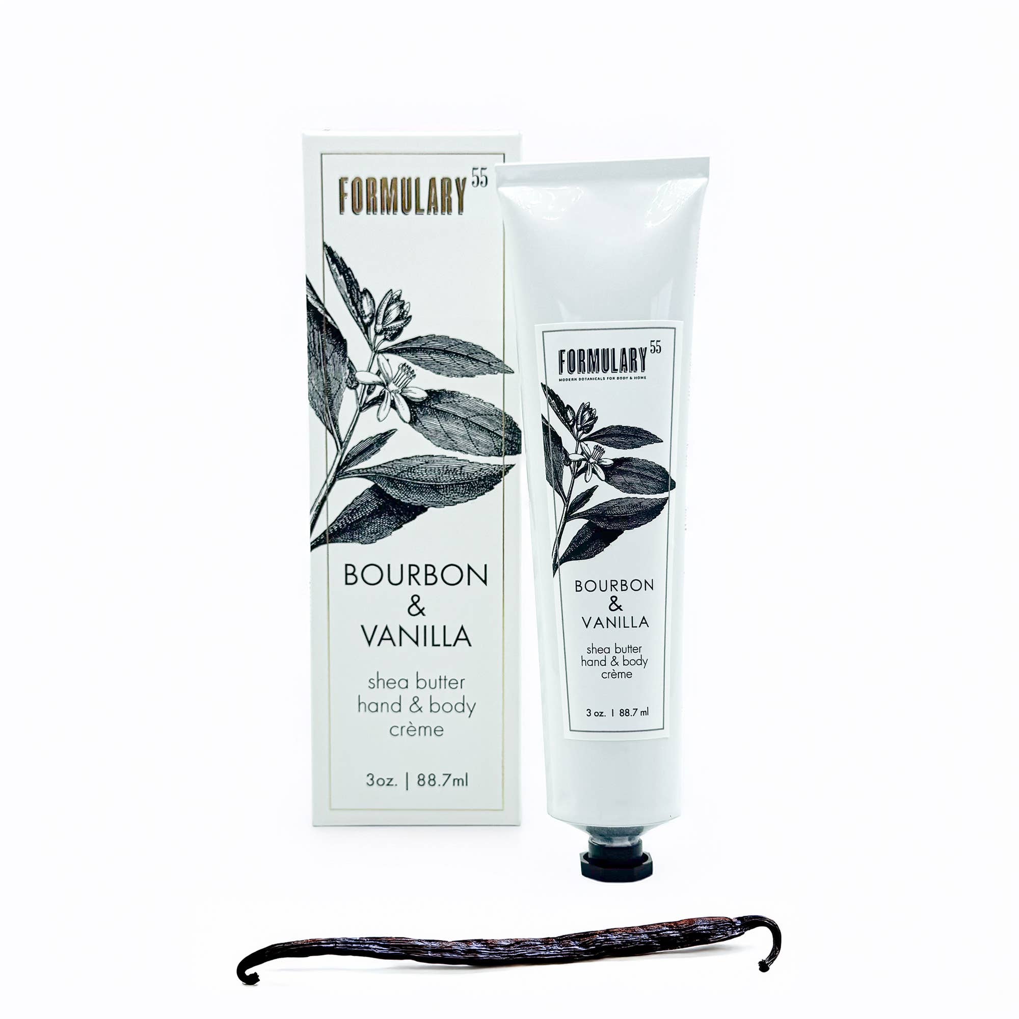 Shea butter hand and body crème with packaging labeled 'Bourbon & Vanilla' by Formulary 55 on a white background.