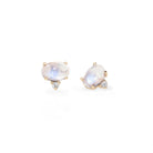 A pair of gold-toned oval stud earrings featuring iridescent moonstone centers with small clear accent stones, shown on a clean white background.