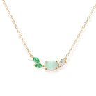 Necklace with green and opal gemstones on a gold chain against a white background