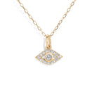 Gold necklace with an diamond accented evil eye pendant on a white background