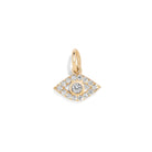Evil Eye pendant in 14k gold with diamond accents on a white background