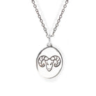 Silver necklace with a pendant featuring an engraved ram's head on a white background