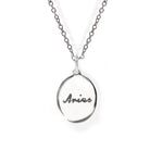Silver necklace with 'Aries' pendant on a white background
