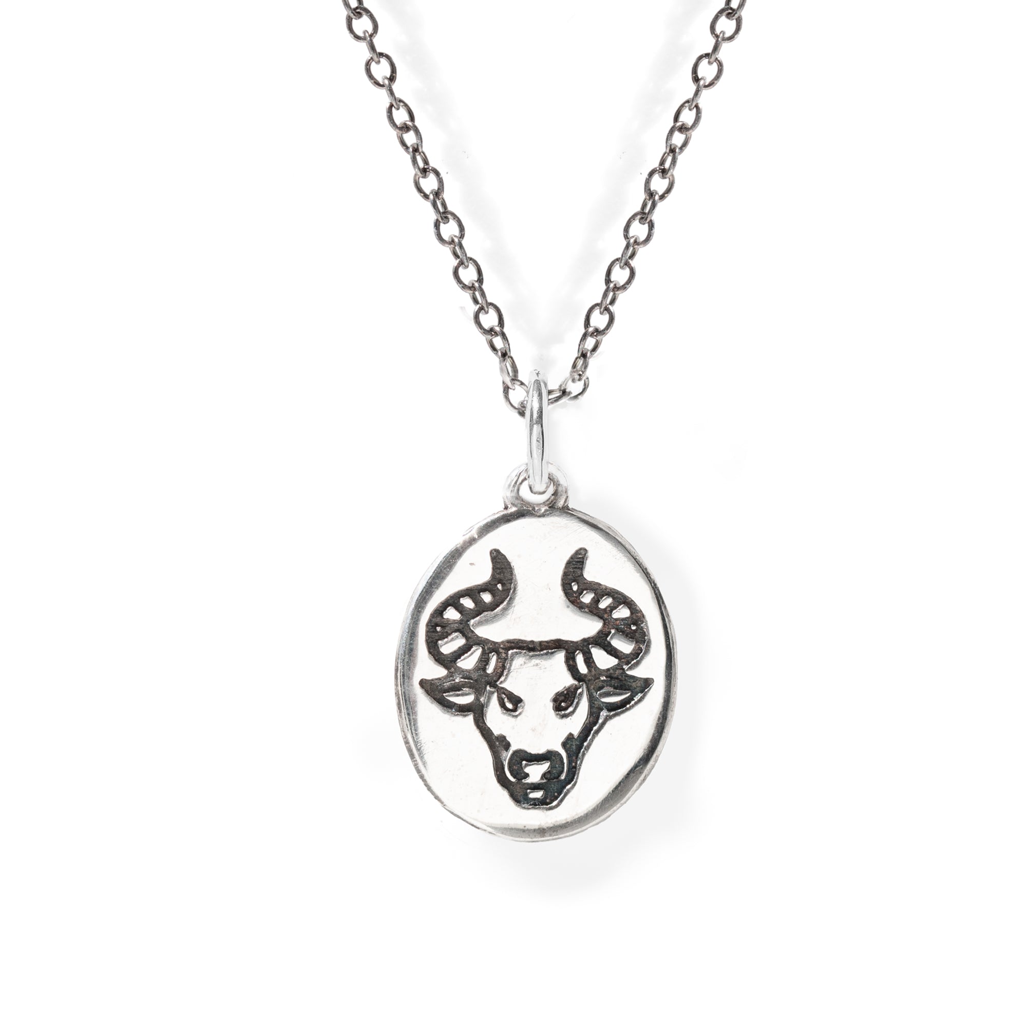 Silver necklace with a Taurus zodiac pendant on a white background