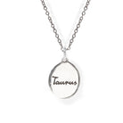 Silver necklace with 'Taurus' pendant on a white background