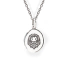 Silver necklace with a lion head pendant on a white background