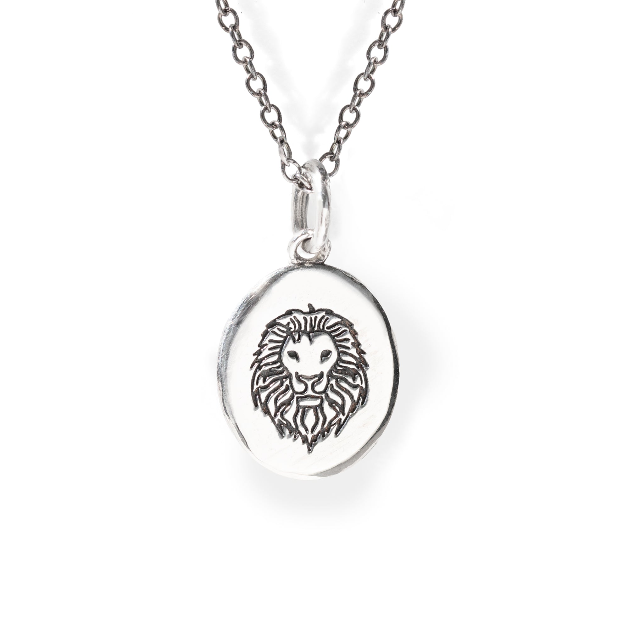 Silver necklace with a lion head pendant on a white background