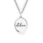 Silver necklace with a round pendant engraved with 'Libra' on a white background