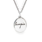 Silver necklace with 'Scorpio' pendant on a white background