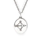 Silver necklace with a bow and arrow pendant on a white background