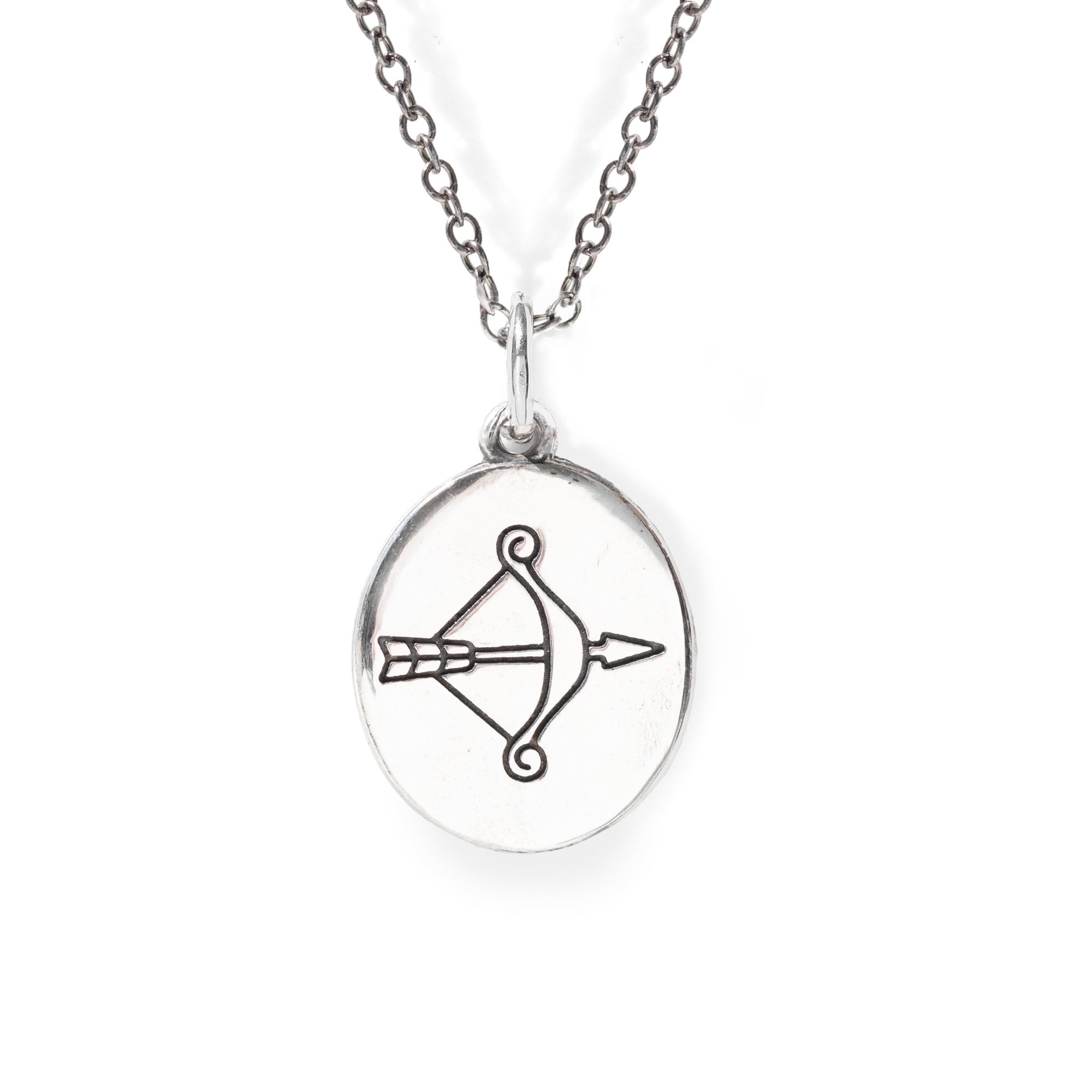 Silver necklace with a bow and arrow pendant on a white background