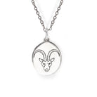 Silver necklace with a pendant featuring an engraved ram's head on a white background