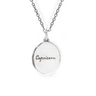 Silver necklace with a round pendant engraved with 'Capricorn' on a white background