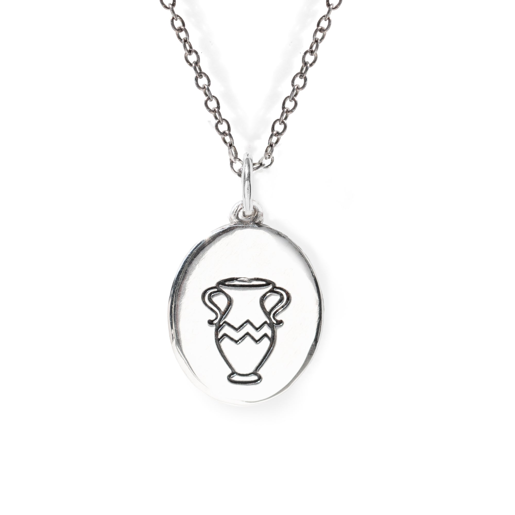 Silver necklace with a pendant featuring an urn design on a white background