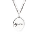 Silver necklace with 'Aquarius' pendant on a white background