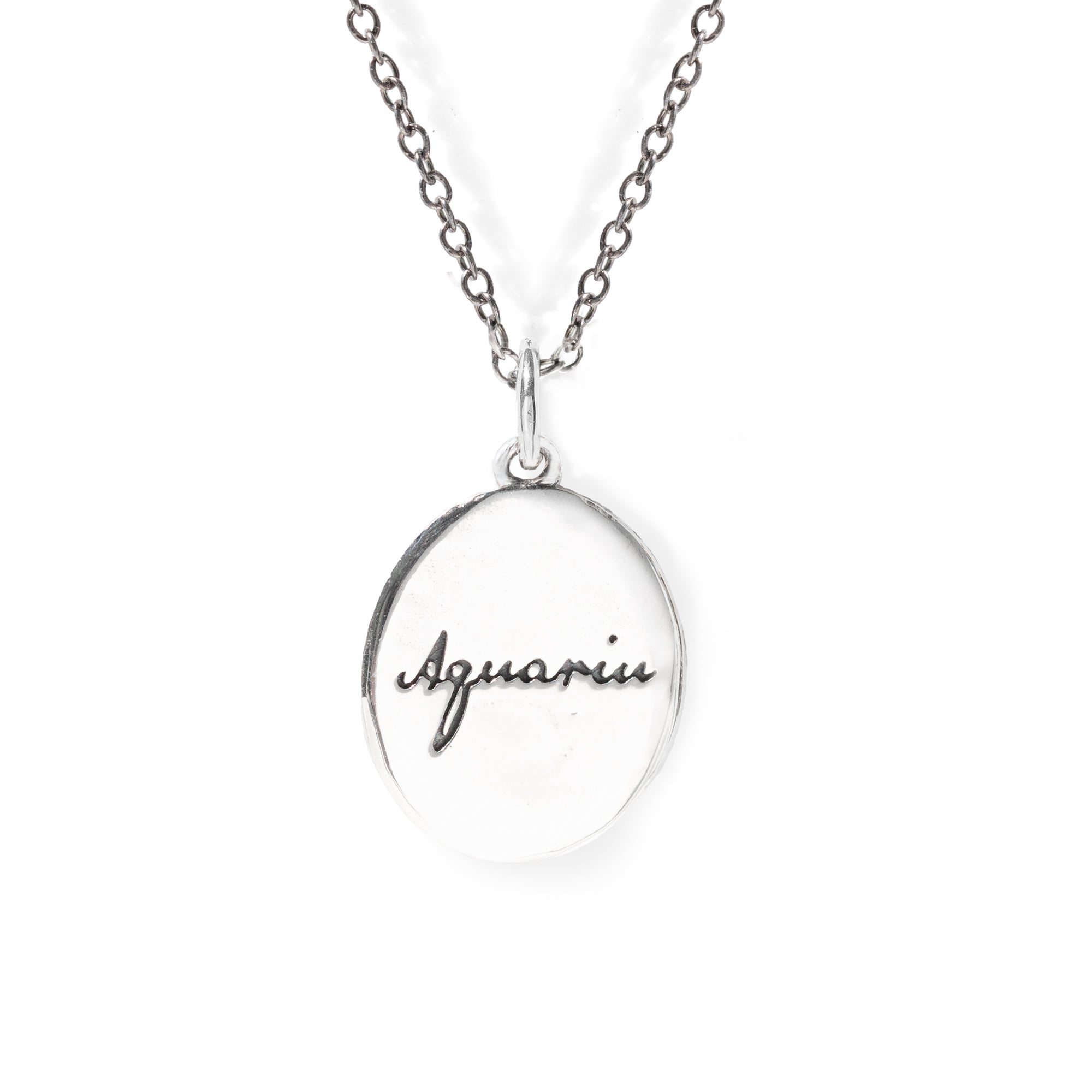 Silver necklace with 'Aquarius' pendant on a white background