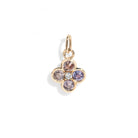 Gold necklace with a four-leaf clover pendant featuring multicolored gemstones on a white background.