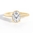 The Hera Ring features a 1ct. oval diamond or moissanite set in a delicately milgrained setting. This elegant and romantic design effortlessly blends old-world charm with a modern aesthetic. It’s the perfect choice for engagements, milestone celebrations, birthdays, and anniversaries, making it a timeless piece.