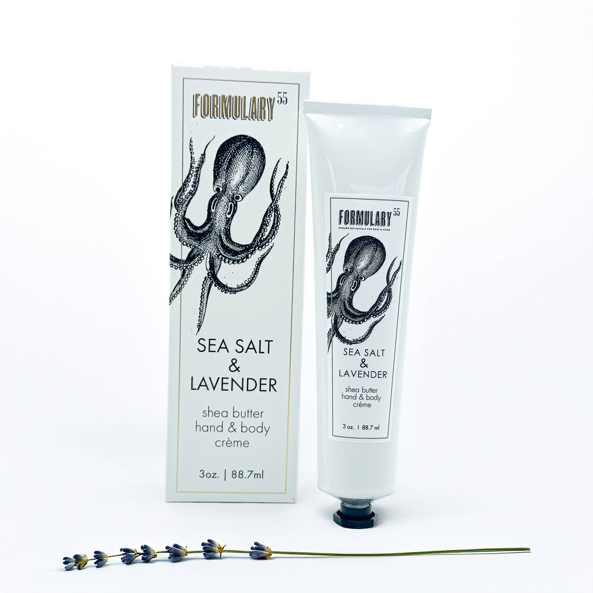 Sea Salt & Lavender shea butter hand & body crème packaging with octopus illustration on a white background