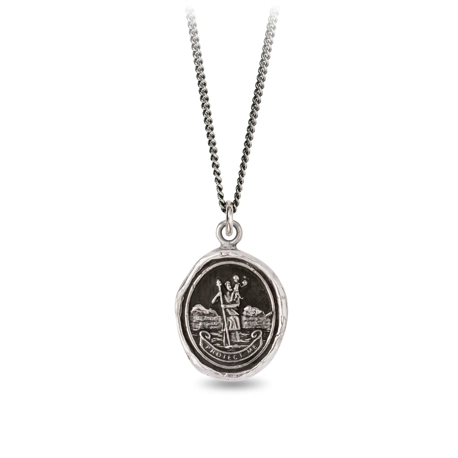 Silver necklace with a round pendant on a white background